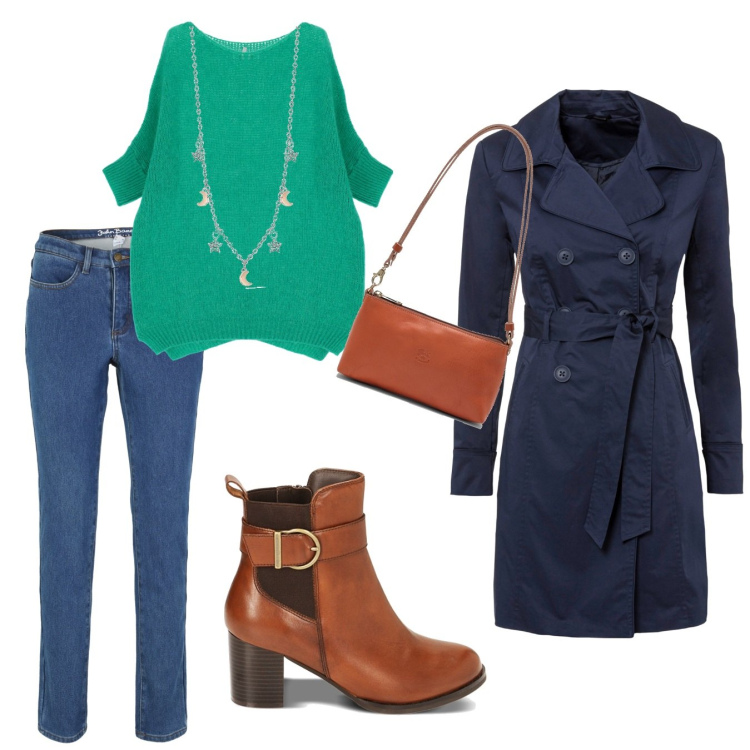 Outfit donna - Curvy Italy. Stile Casual chic per Tutti i giorni. Abbinamento con trench, jeans, collane, pullovers, stivaletti chelsea, borse a spalla.