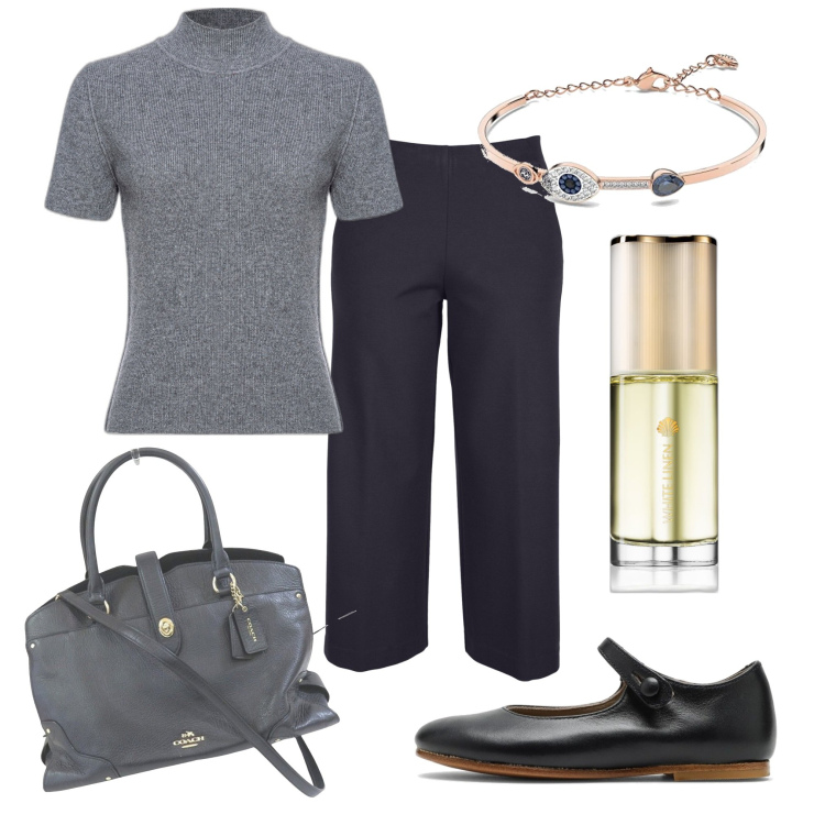 Outfit donna - Management. Stile Bon Ton per Ufficio. Abbinamento con borse a mano, profumi, maglieria, pantaloni, ballerine, braccialetti.