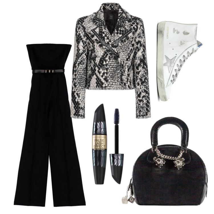 Outfit donna - Jumpsuit e giacca pitonata. Stile Rock per Tutti i giorni. Abbinamento con borse a mano, mascara, cappotti, tute, sneakers alte.