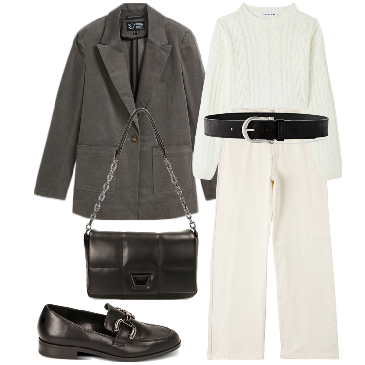 Outfit donna - Minimal in grigio e panna. Stile Minimal per Tutti i giorni. Abbinamento con cinture, blazer, pantaloni, maglieria, mocassini, borse a tracolla.