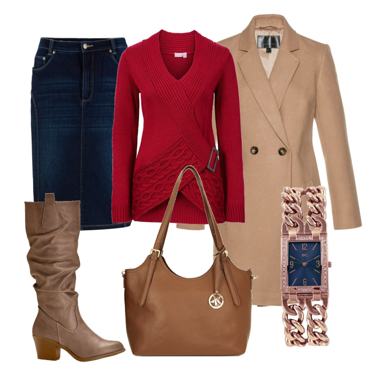 Outfit donna - Il pullover con le trecce. Stile Casual per Tutti i giorni. Abbinamento con gonne, stivali, maglieria, cappotti, borse a spalla, orologi.