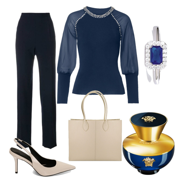 Outfit donna - Pullover blu con strass. Stile Chic per Ufficio. Abbinamento con maglieria, pantaloni, profumi, anelli, décolleté, borse a spalla.