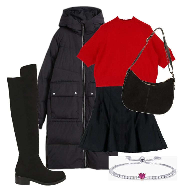 Outfit donna - Overknee boots. Stile Trendy per Tutti i giorni. Abbinamento con piumini, braccialetti, minigonne, maglieria, borse a spalla, stivali sopra il ginocchio.