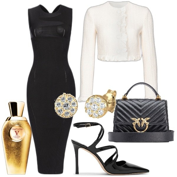 Outfit donna - Sinuosa. Stile Sexy per Cerimonia. Abbinamento con profumi, vestiti midi/longuette, borse a tracolla, blazer, orecchini, scarpe col tacco.