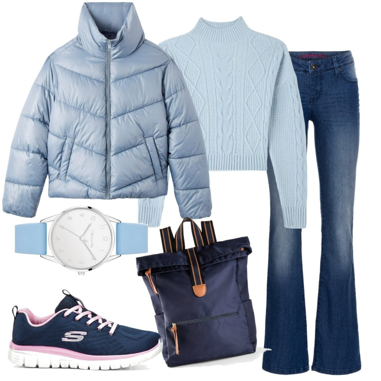 Outfit donna - Colori pastello per l\'inverno. Stile Sporty chic per Scuola/Università. Abbinamento con jeans bootcut, zaini, sneakers, piumini, maglieria, orologi analogici.