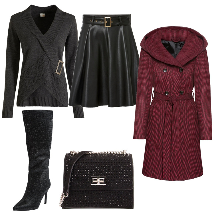 Outfit donna - Pullover del cuore. Stile Trendy per Serata fuori. Abbinamento con cappotti, gonne, pullovers, stivali sopra il ginocchio, borse a tracolla.