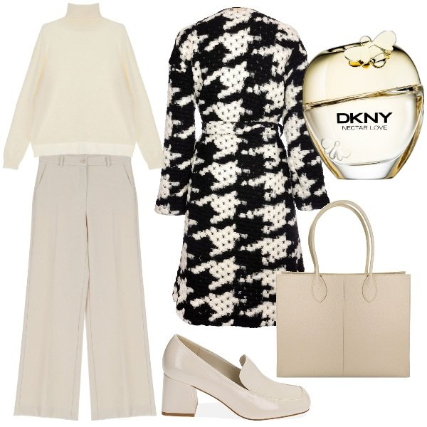 Outfit donna - Il cappotto pied-de poule. Stile Minimal per Ufficio. Abbinamento con profumi, cappotti, pantaloni a palazzo, maglieria, borse a spalla, mocassini.