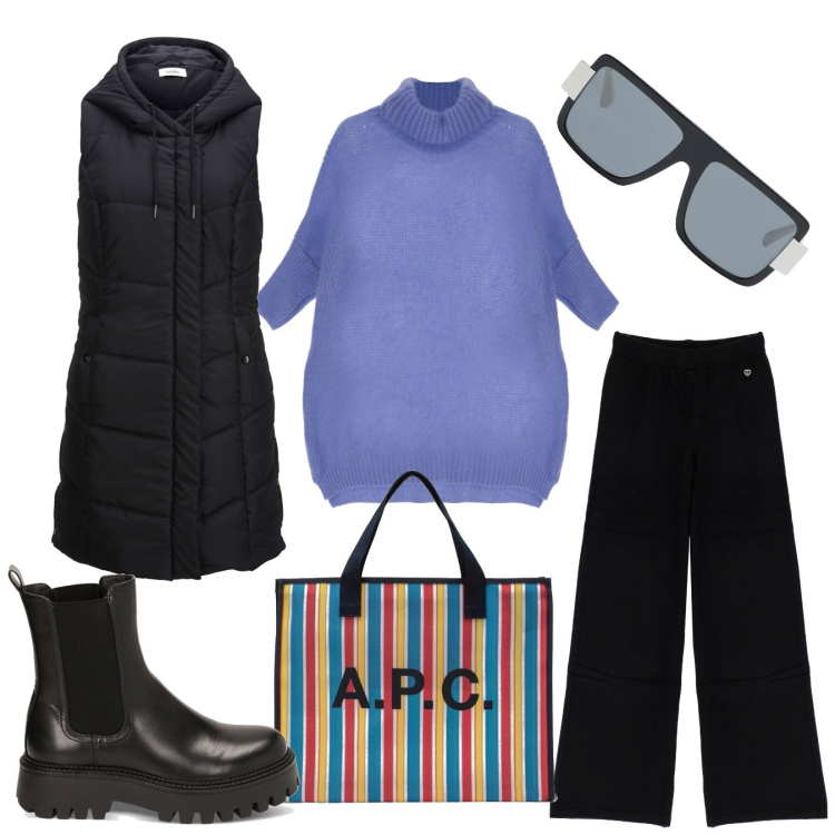 Outfit donna - Comodità curvy. Stile Casual chic per Tutti i giorni. Abbinamento con gilet, occhiali da sole, pantaloni a palazzo, maglieria, stivaletti chelsea, shopping bag.
