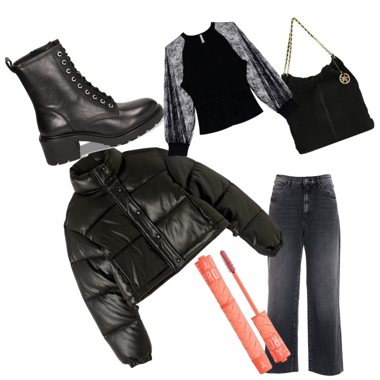 Outfit donna - In montagna. Stile Casual per Tutti i giorni. Abbinamento con mascara, piumini, jeans, maglieria, anfibi, borse a spalla.