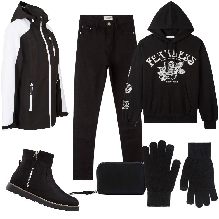 Outfit donna - Giacca tecnica - Novembre. Stile Urban per Tutti i giorni. Abbinamento con stivaletti, blazer, guanti, portafogli, felpe con cappuccio, jeans skinny.