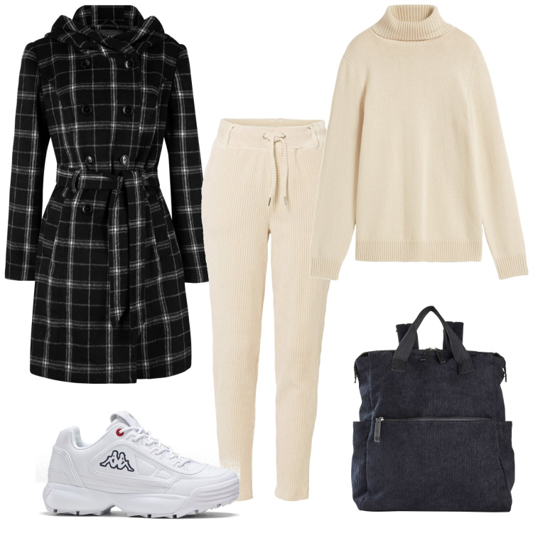 Outfit donna - Sportiva. Stile Sporty chic per Scuola/Università. Abbinamento con zaini, pantaloni, maglieria, cappotti, sneakers.