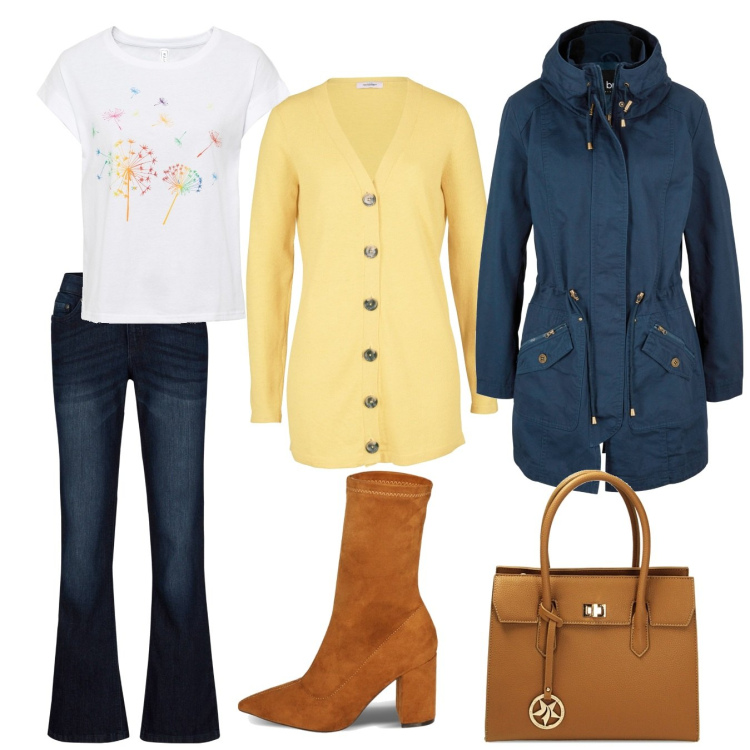 Outfit donna - Praticità curvy. Stile Casual per Ufficio. Abbinamento con parka, jeans bootcut, t-shirt, jeans skinny, borse a mano, stivaletti.