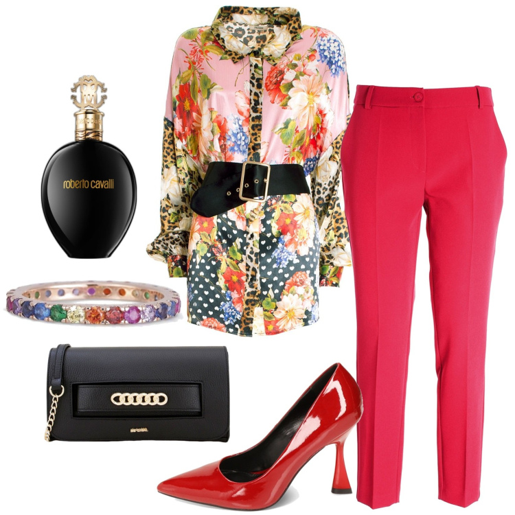 Outfit donna - A natale. Stile Urban per Tutti i giorni. Abbinamento con profumi, anelli, pochette, camicie, pantaloni, décolleté.