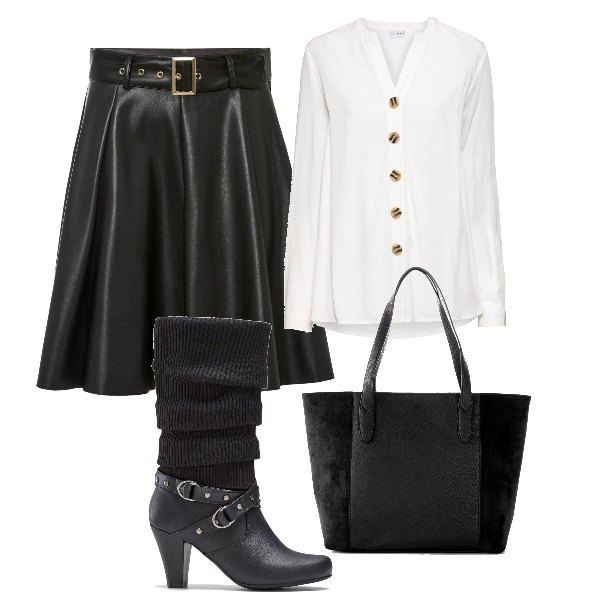Outfit donna - BONPRIX curvy black & white. Stile Basic per Ufficio. Abbinamento con stivali, gonne, camicie, shopping bag.