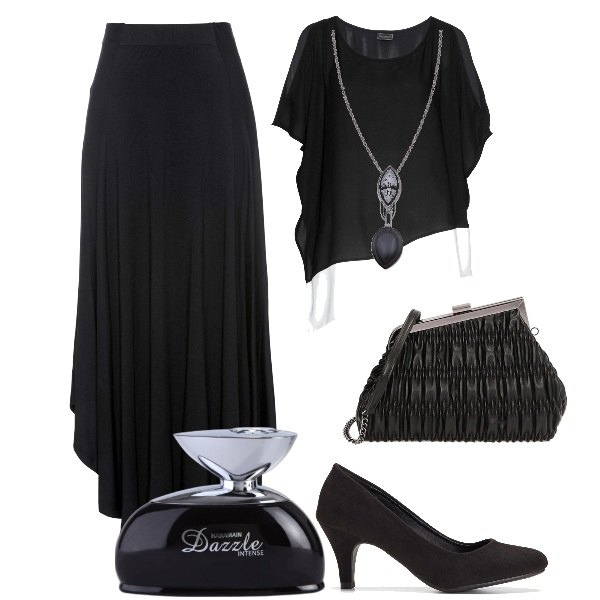 Outfit donna - Curvy serata a teatro. Stile Bon Ton per Serata fuori. Abbinamento con gonne, décolleté, tuniche, profumi, clutch, collane.