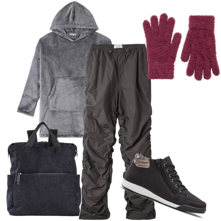 Outfit donna - Bantoa single’s day 1. Stile Basic per Tutti i giorni. Abbinamento con zaini, sneakers alte, felpe con cappuccio, pantaloni, guanti.