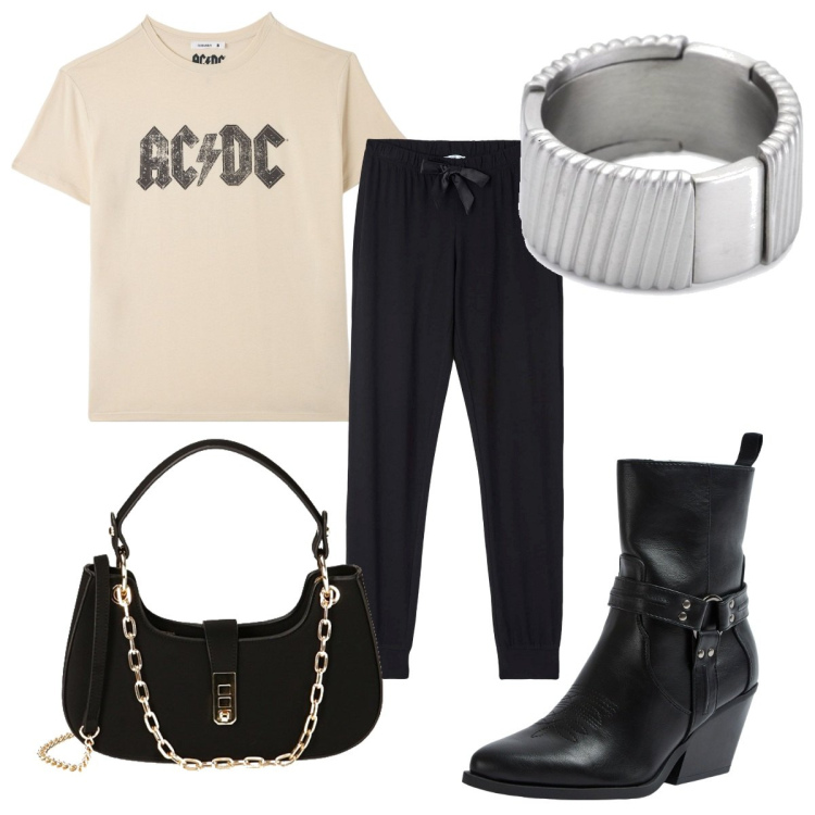 Outfit donna - Total look #1757315. Stile Rock per Tutti i giorni. Abbinamento con pantaloni, stivaletti texani, t-shirt, borse a spalla, anelli.