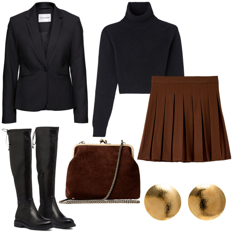 Outfit donna - Novembre. Stile Preppy per Scuola/Università. Abbinamento con blazer, minigonne, maglieria, stivali, clutch, orecchini.