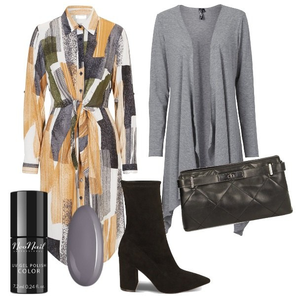 Outfit donna - Chemisier curvy. Stile Vintage retrò per Ufficio. Abbinamento con vestiti chemisier, cardigans, smalti, clutch, stivaletti.