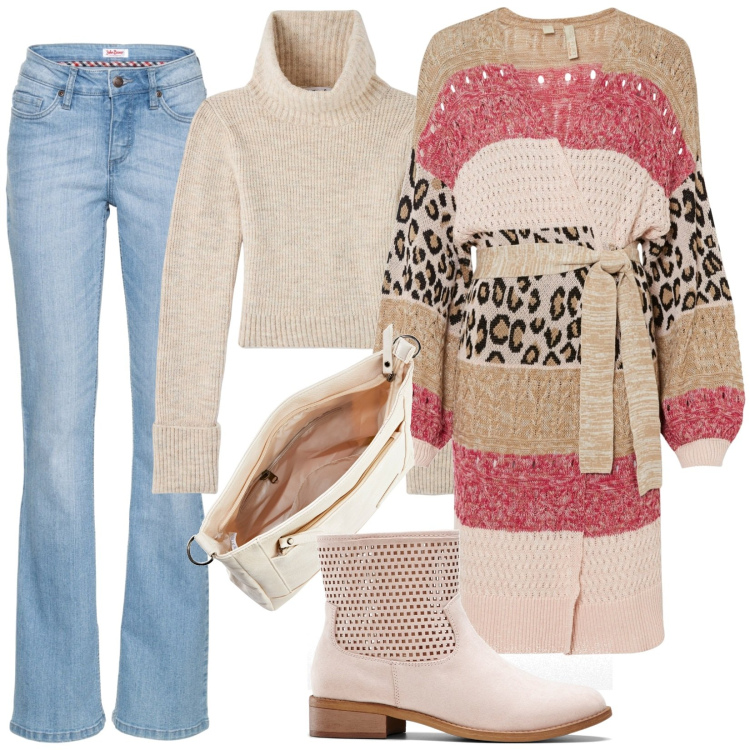 Outfit donna - Cardigan ricco di stile. Stile Casual per Tutti i giorni. Abbinamento con jeans bootcut, cardigans, borse a tracolla, stivaletti, maglieria.