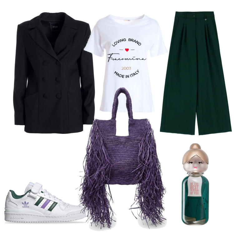 Outfit donna - La borsa a frange. Stile Bon Ton per Tutti i giorni. Abbinamento con profumi, pantaloni a palazzo, t-shirt, blazer, sneakers, borse a spalla.