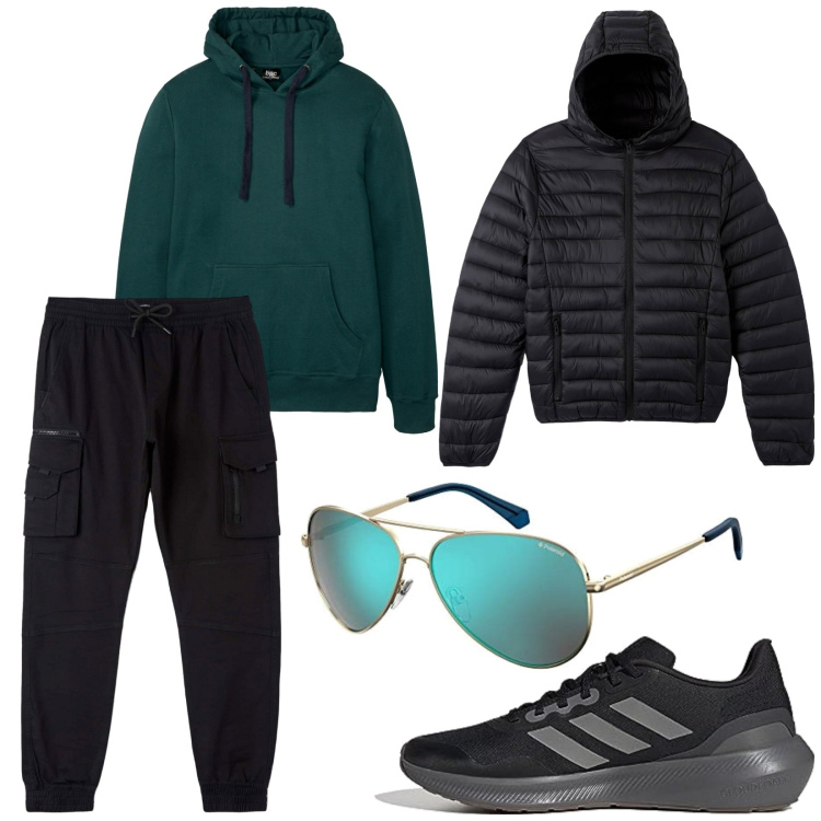 Outfit uomo - Basic. Stile Urban per Tutti i giorni. Abbinamento con felpe con cappuccio, pantaloni cargo, cappotti, scarpe sportive, occhiali da sole.