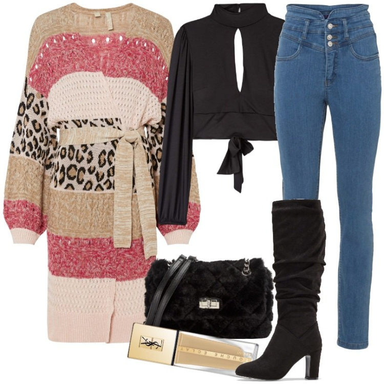 Outfit donna - Cardigan oversize. Stile Casual per Tutti i giorni. Abbinamento con cardigans, jeans skinny, stivali sopra il ginocchio, fondotinta, t-shirt, borse a spalla.