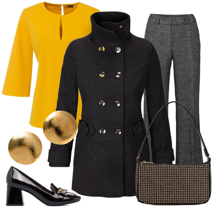 Outfit donna - Total look #1757348. Stile Casual chic per Serata fuori. Abbinamento con pantaloni a palazzo, bluse, blazer, borse a spalla, décolleté, orecchini.