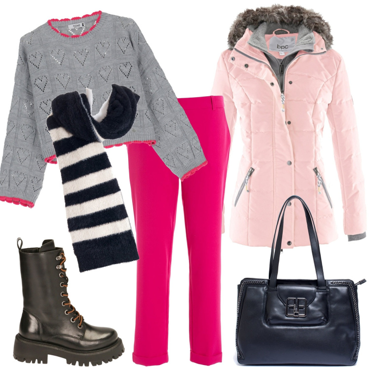 Outfit donna - Temperature in ribasso. Stile Casual per Tutti i giorni. Abbinamento con piumini, pantaloni, borse a mano, sciarpe, maglieria, anfibi.