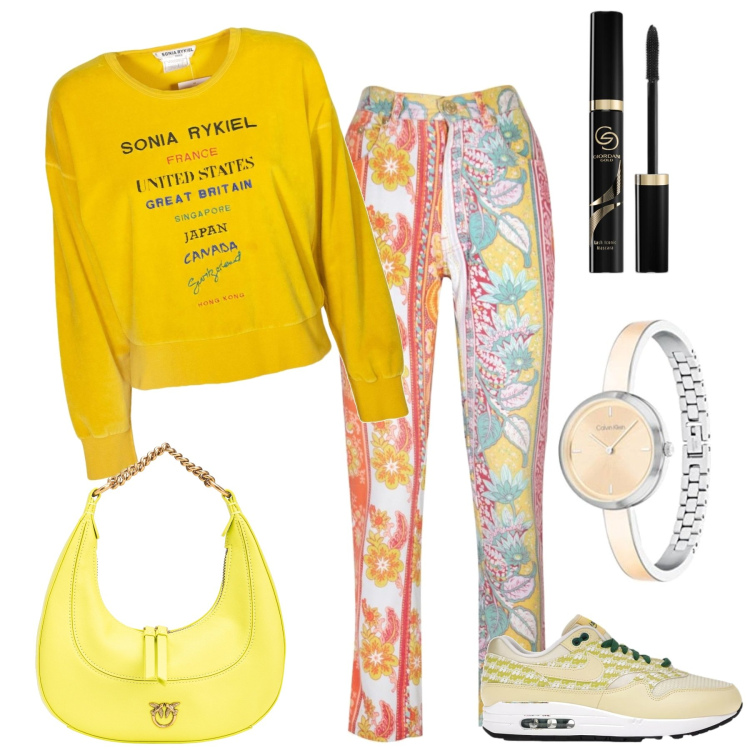 Outfit donna - Pimpante. Stile Casual per Tutti i giorni. Abbinamento con felpe, sneakers, pantaloni, mascara, borse a spalla, orologi analogici.