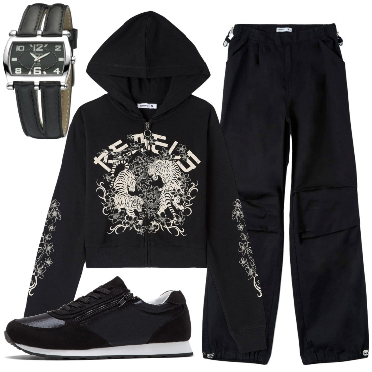 Outfit donna - Tigri. Stile Trendy per Tutti i giorni. Abbinamento con sneakers, pantaloni cargo, felpe con cappuccio, orologi.