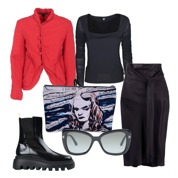 Outfit donna - Ghost outfitter - novembre. Stile Trendy per Tutti i giorni. Abbinamento con stivaletti, blazer, gonne lunghe, occhiali da sole, t-shirt, borse a mano.