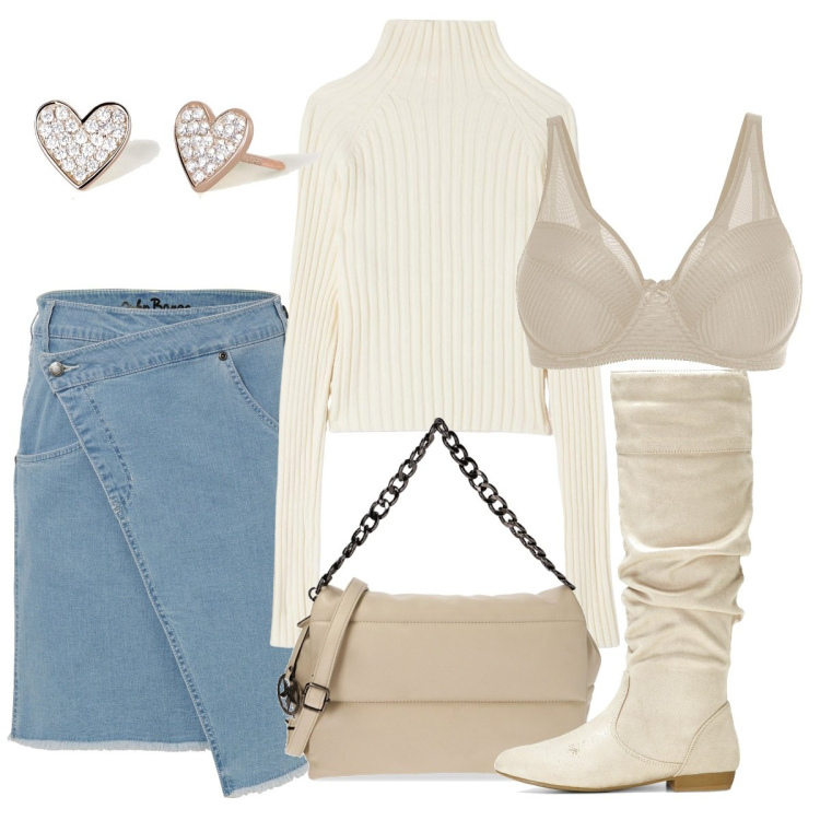 Outfit donna - Pull del cuore. Stile Casual per Tutti i giorni. Abbinamento con reggiseni, gonne, stivali, maglieria, orecchini, borse a spalla.
