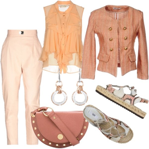 Outfit donna - Fashion week SS 2019: Arancione e rosa. Stile Trendy per Tutti i giorni. Abbinamento con sandali flatform con stampa e punta tonda, giacca tweed effetto laminato collo tondo a maniche lunghe interno sfoderato monopetto, camicia con ruches collo coreana senza maniche tinta unita, pantalone a sigaretta vita alta con zip tinta unita, body in pelle taglia unica rosa, orecchini.