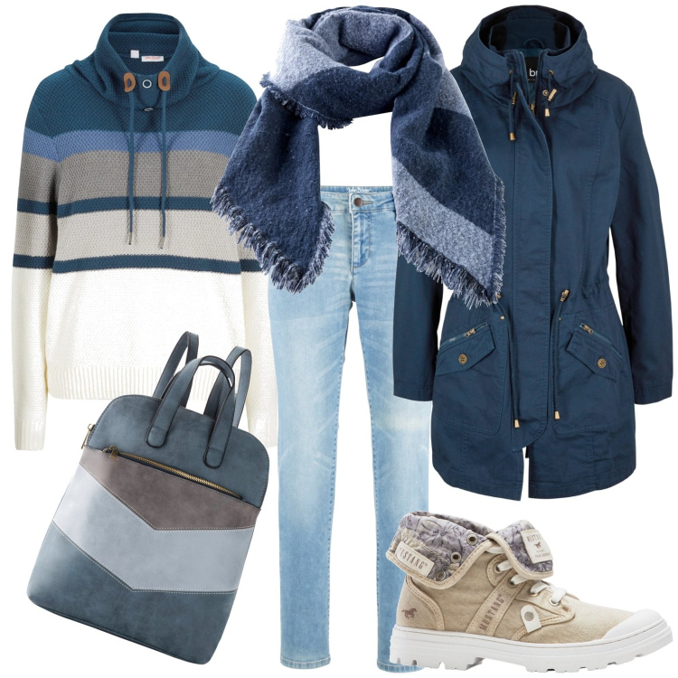 Outfit donna - Giornate fredde. Stile Casual Abbinamento con parka, jeans dritti, maglieria, sneakers alte, zaini, sciarpe.