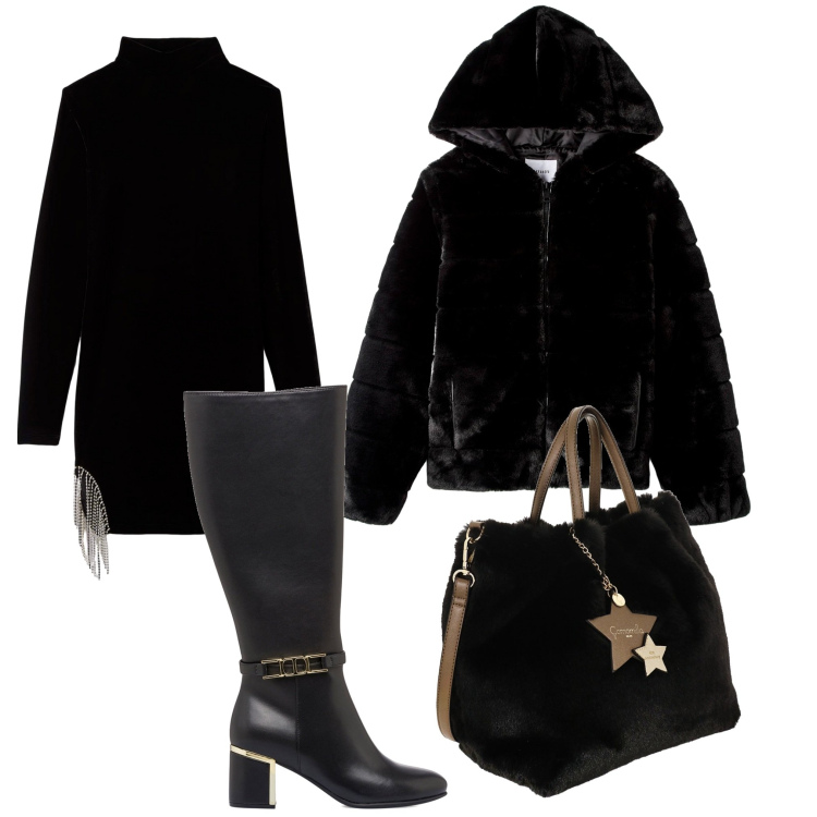 Outfit donna - Notte. Stile Chic per Serata fuori. Abbinamento con vestiti, ecopellicce, stivali, borse a mano.