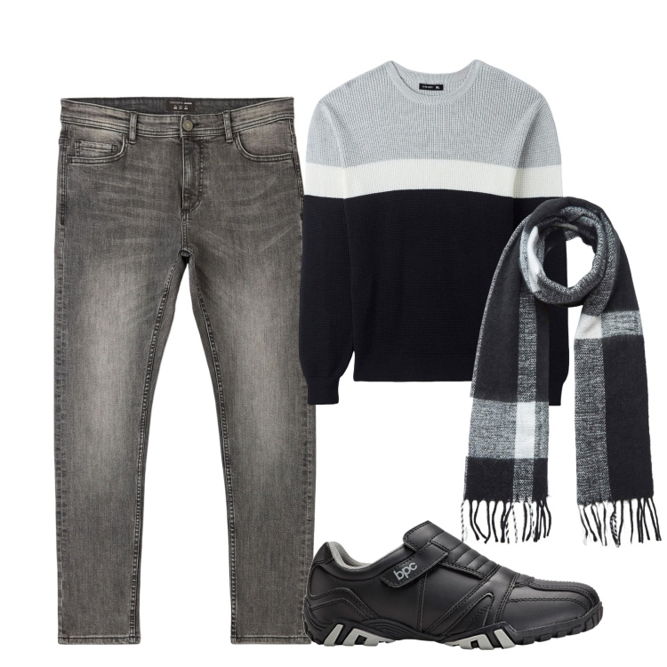Outfit uomo - City. Stile Casual per Tutti i giorni. Abbinamento con scarpe stringate, jeans skinny, maglieria, sciarpe.