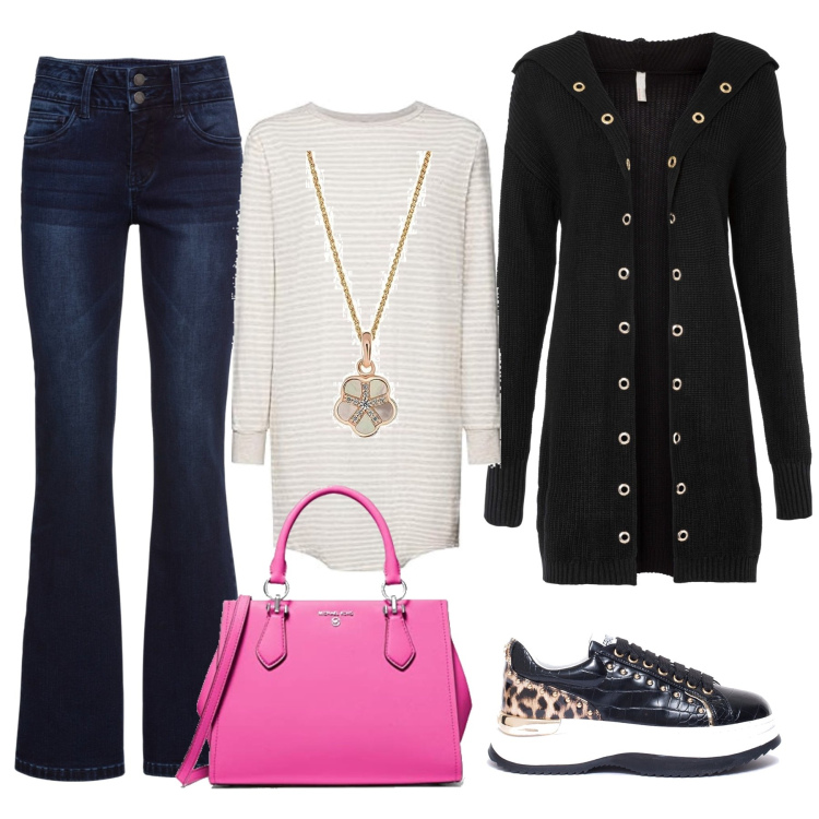 Outfit donna - Il jeans curvy con il cardigan lungo. Stile Casual per Ufficio. Abbinamento con cardigans, jeans bootcut, sneakers, camicie da notte, ciondoli, borse a cartella.