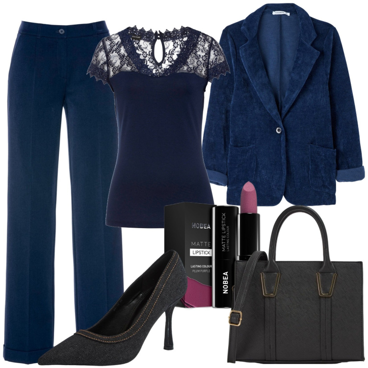 Outfit donna - Décolleté di jeans Nero denim. Stile Casual per Ufficio. Abbinamento con pantaloni, maglieria, rossetti, cappotti, shopping bag, décolleté.