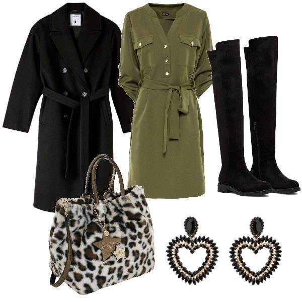 Outfit donna - Un morbido tocco!. Stile Urban per Tutti i giorni. Abbinamento con vestiti chemisier, cappotti, orecchini, stivali sopra il ginocchio, borse a mano.