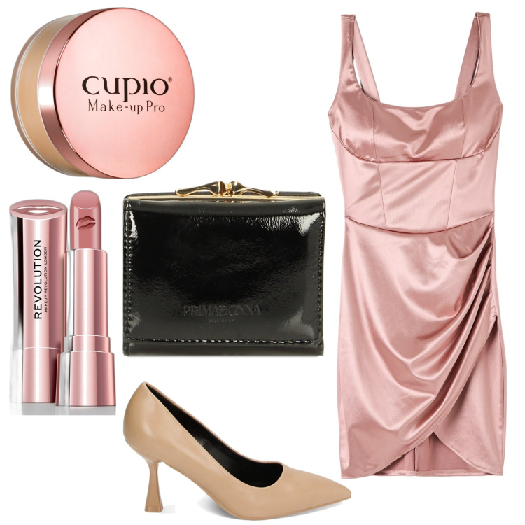 Outfit donna - Rosa cipria. Stile Sexy per Serata fuori. Abbinamento con rossetti, ciprie, vestiti corti, décolleté, portafogli.