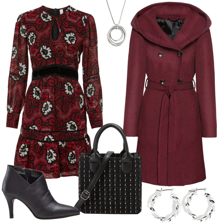 Outfit donna - L\'abito a fiori ed il cappottino. Stile Romantica per Serata fuori. Abbinamento con cappotti, orecchini, vestiti, stivaletti, collane, shopping bag.