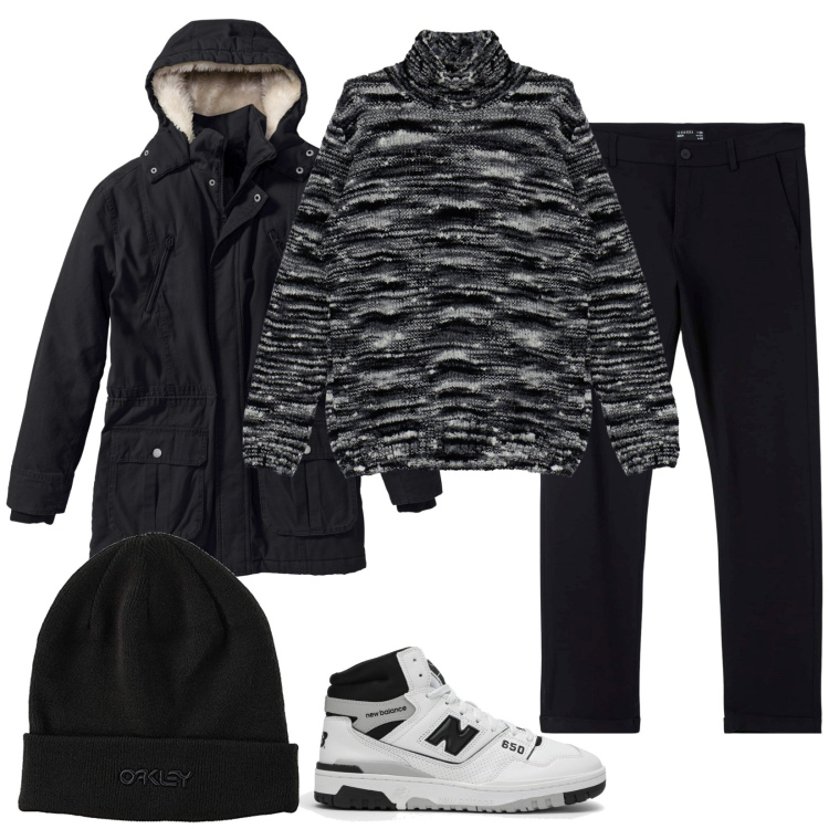 Outfit uomo - Il maglione caldissimo. Stile Casual per Tutti i giorni. Abbinamento con parka, pantaloni chino, maglieria, sneakers alte, berretti.