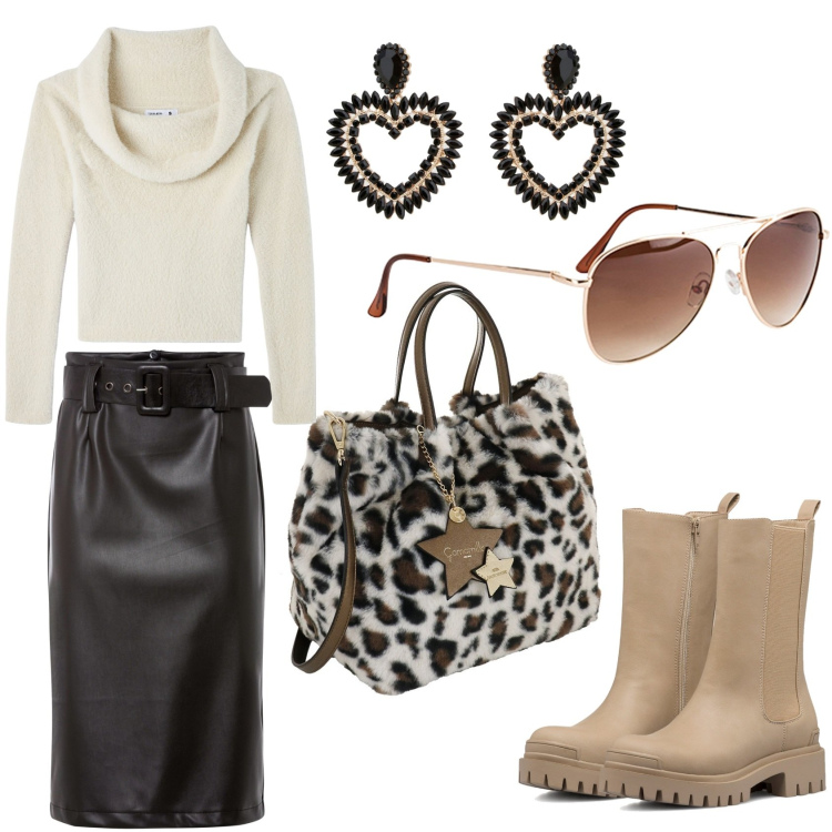 Outfit donna - Aperitivo con amici. Stile Casual chic per Tutti i giorni. Abbinamento con occhiali da sole, gonne longuette, maglieria, orecchini, stivaletti, borse a mano.