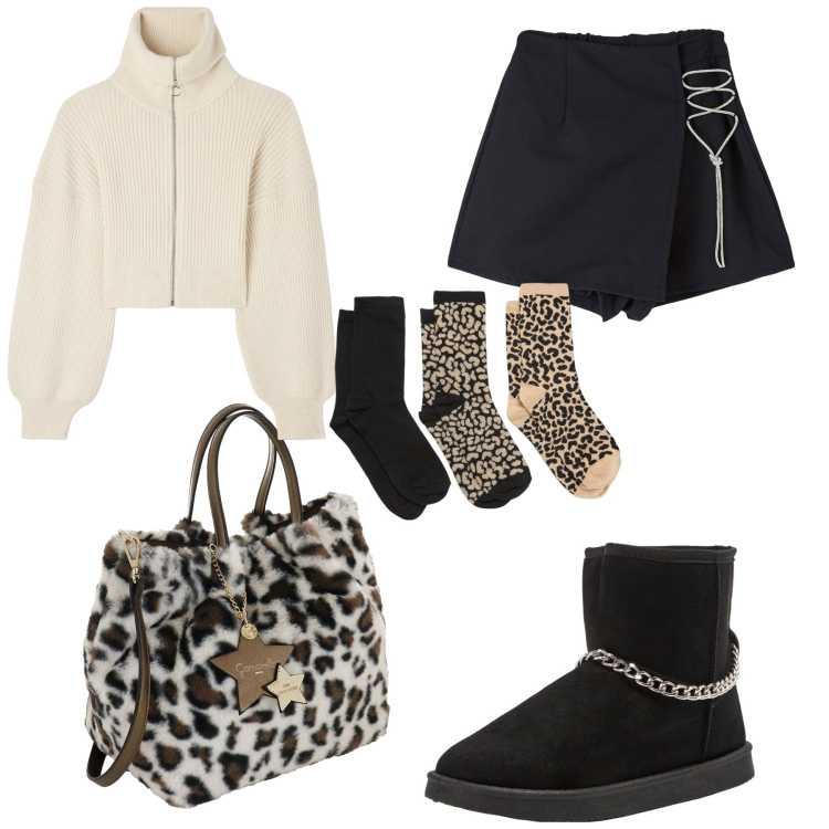 Outfit donna - Animalier style. Stile Casual per Scuola/Università. Abbinamento con calzini, stivaletti, maglieria, gonne, borse a mano.