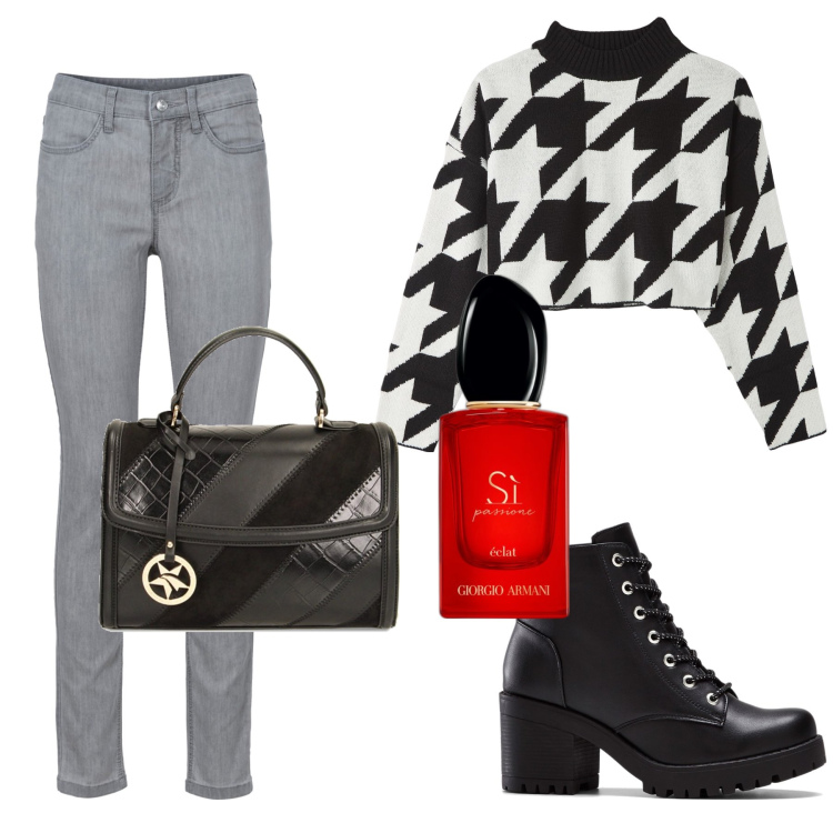 Outfit donna - Caffè con le amiche. Stile Basic per Tutti i giorni. Abbinamento con stivaletti, jeans skinny, profumi, maglieria, borse a mano.