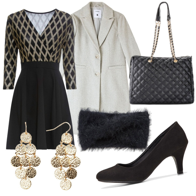 Outfit donna - Evening. Stile Romantica per Serata fuori. Abbinamento con shopping bag, décolleté, vestiti, orecchini, fasce per capelli, cappotti.