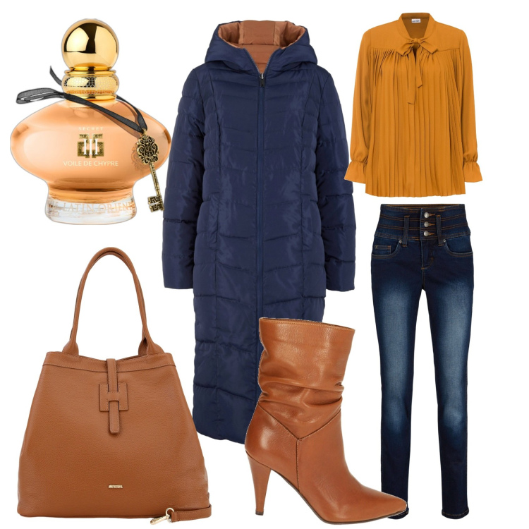 Outfit donna - I jeans a vita alta. Stile Casual chic per Ufficio. Abbinamento con jeans slim fit, bluse, cappotti, profumi, borse a secchiello, stivaletti.