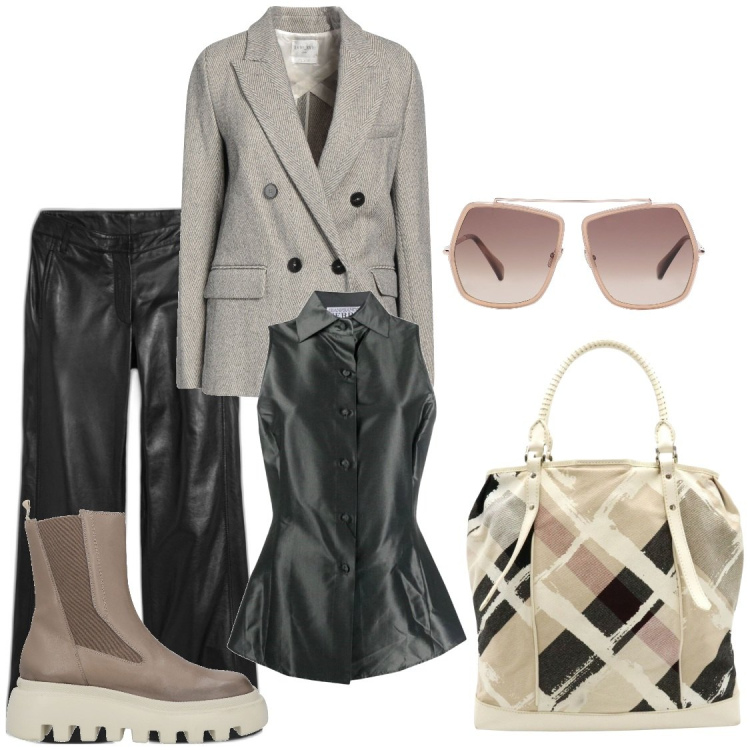 Outfit donna - A novembre. Stile Casual chic per Ufficio. Abbinamento con stivaletti, borse a mano, camicie, occhiali da sole, blazer, pantaloni.