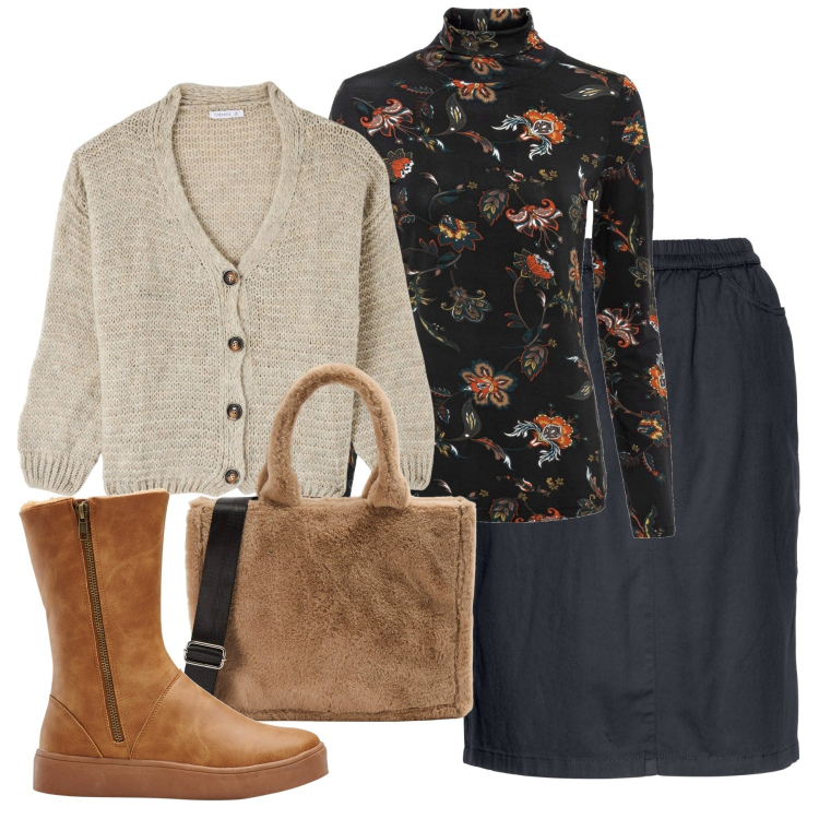 Outfit donna - Dolcevita a fiori. Stile Bon Ton per Tutti i giorni. Abbinamento con stivali, gonne, maglieria, cardigans, shopping bag.